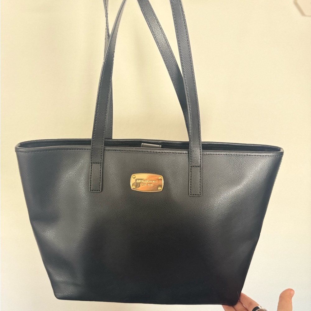 Michael Kors Black Leather Tote Bag with Gold Hardware